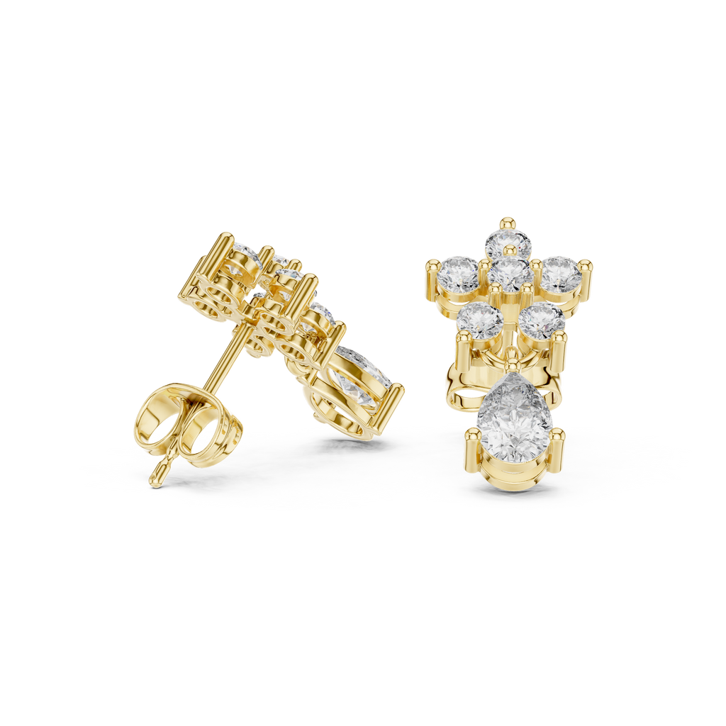 Pear Drop & Round Diamond Floral Stud Earrings