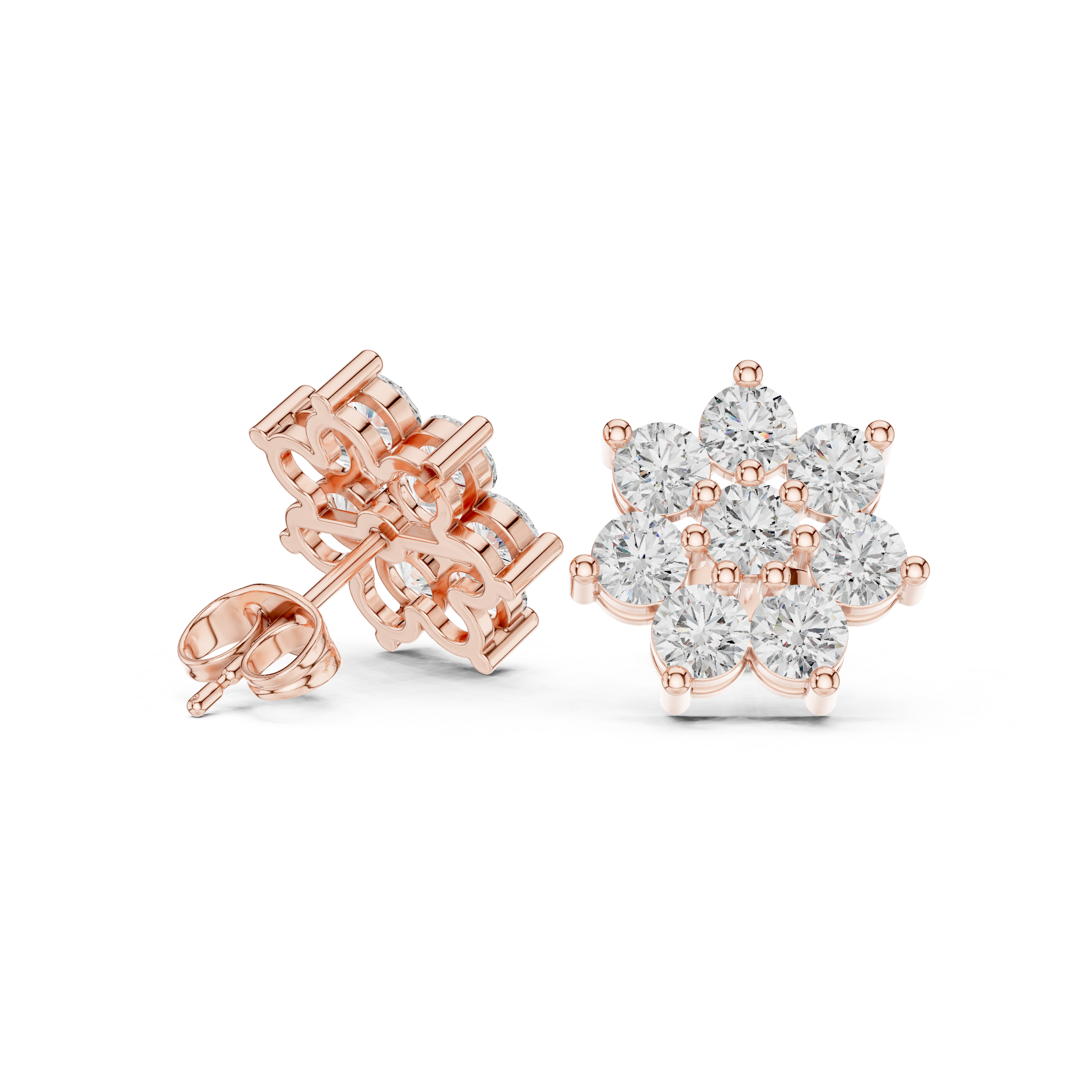 Round Diamond Floral Cluster Stud Earrings