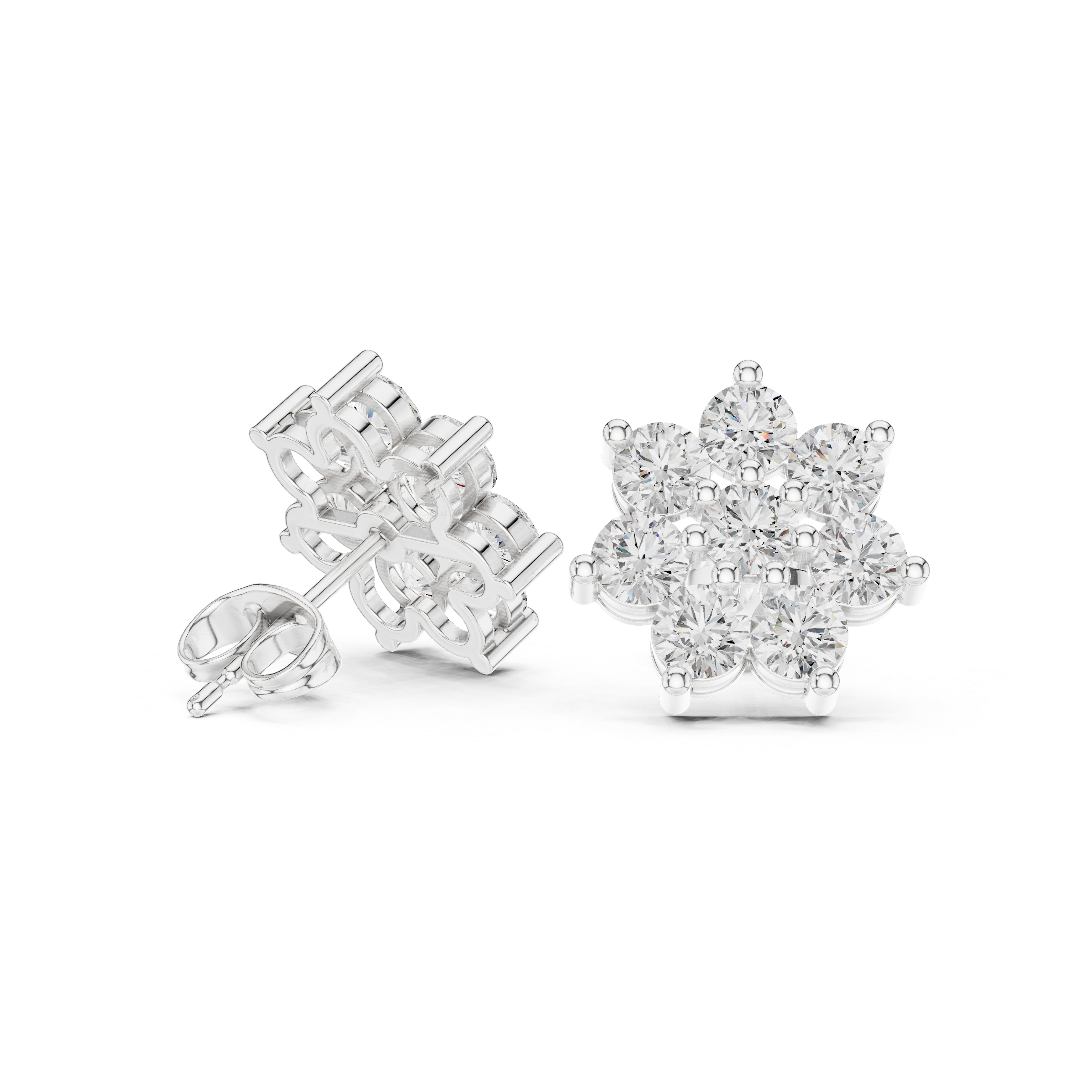 Round Diamond Floral Cluster Stud Earrings