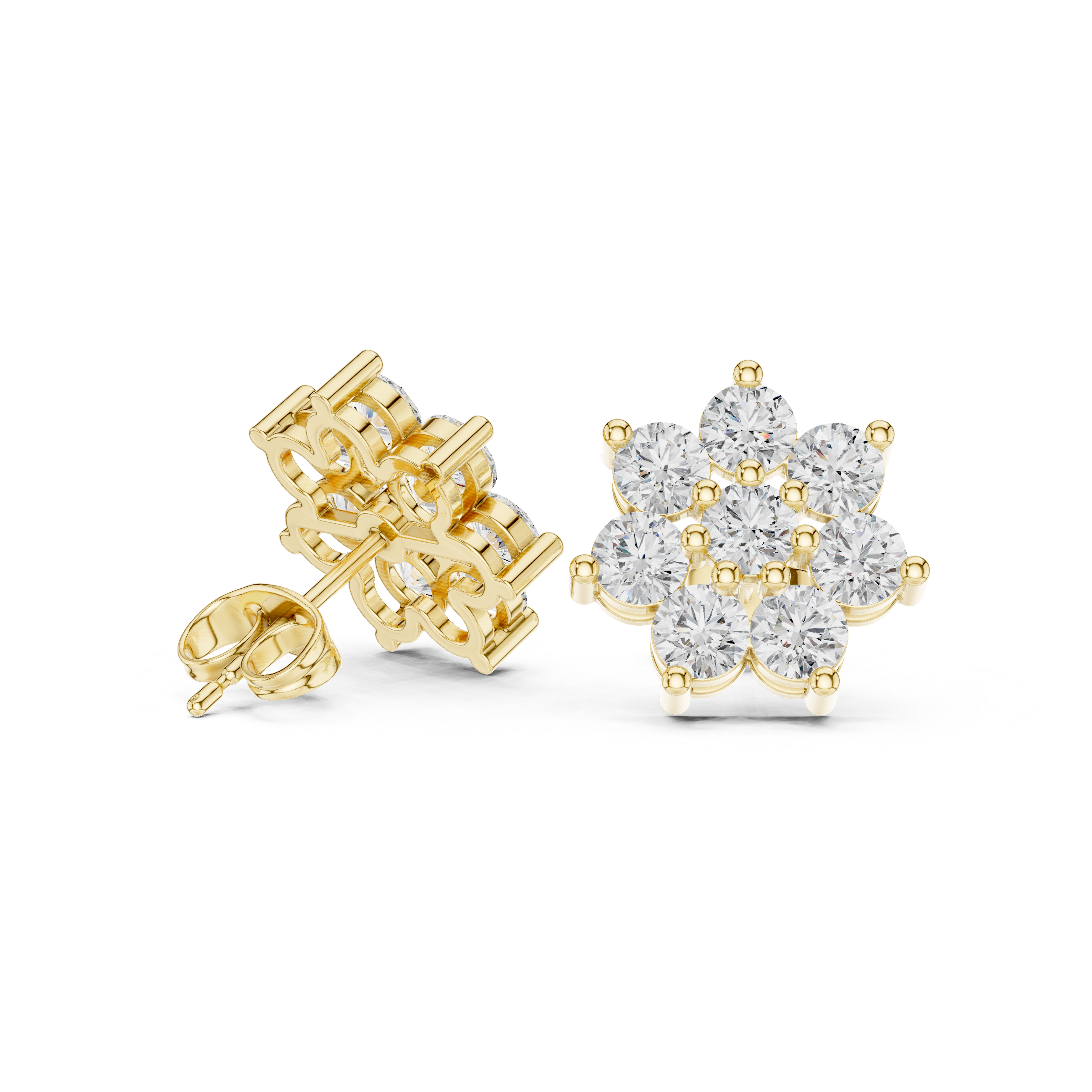 Round Diamond Floral Cluster Stud Earrings