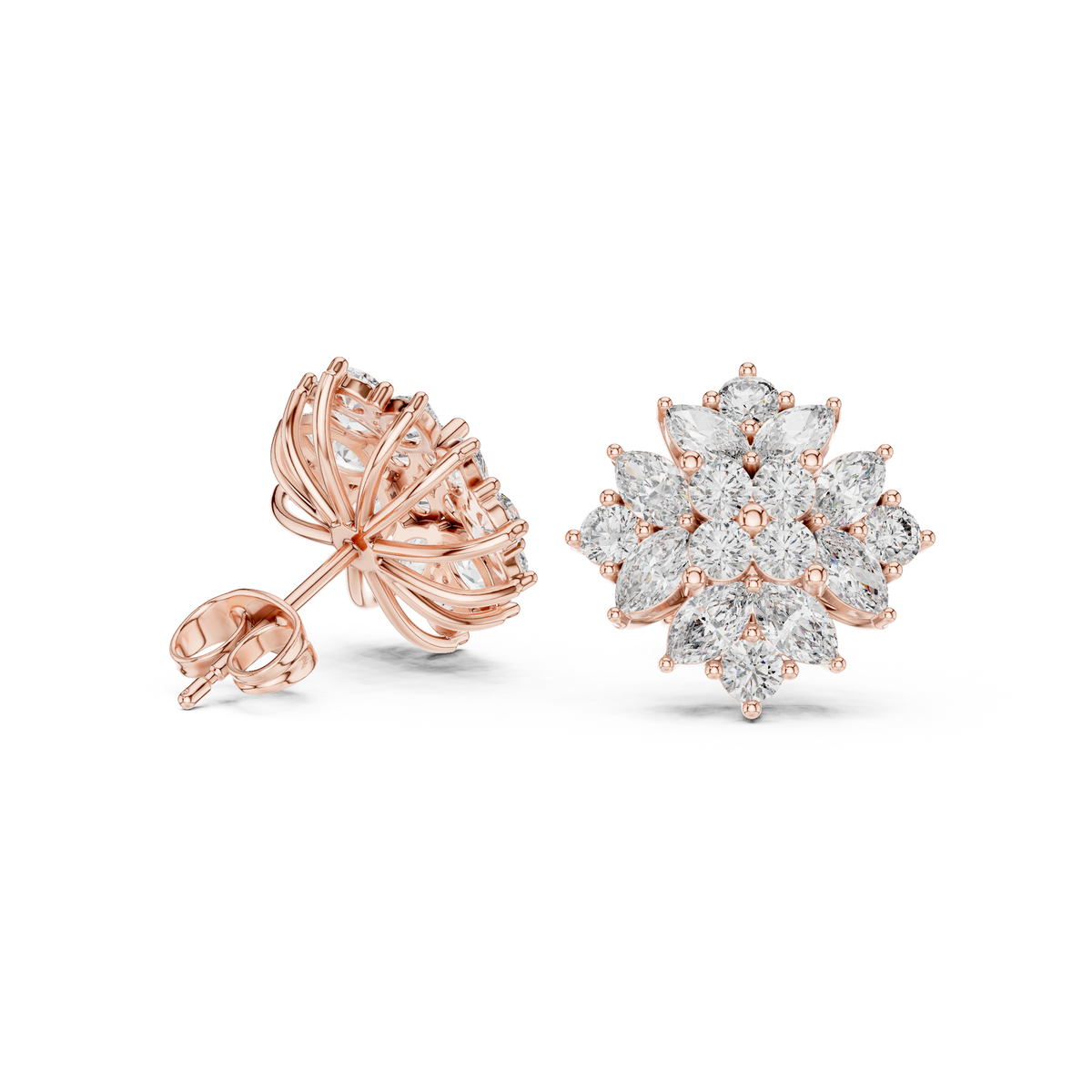 Floral Marquise & Round Diamond Stud Earrings, side angle — Jewelix Atelier