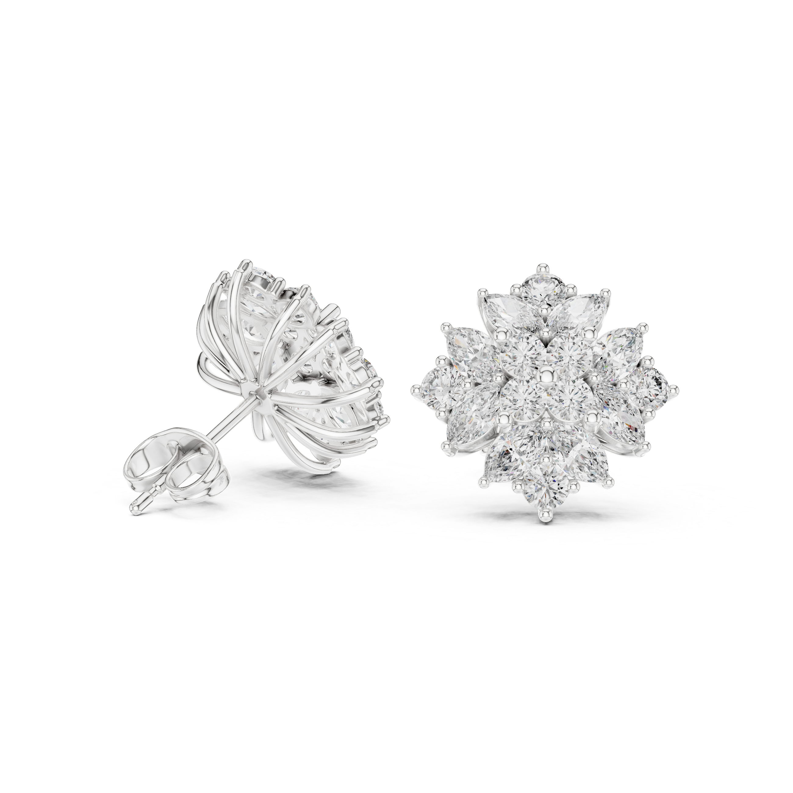 Floral Marquise & Round Diamond Stud Earrings