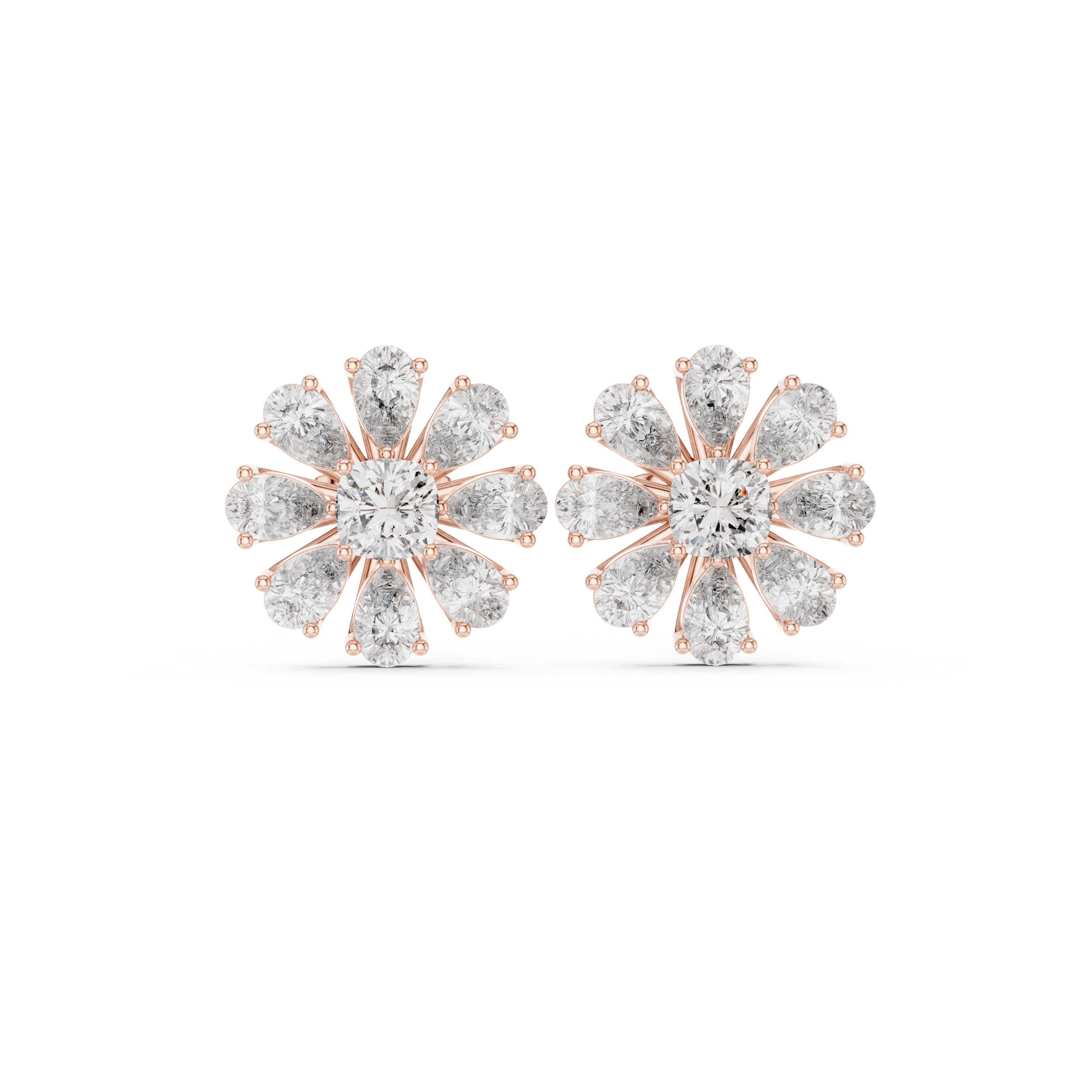Floral Cushion & Pear Diamond Stud Earrings