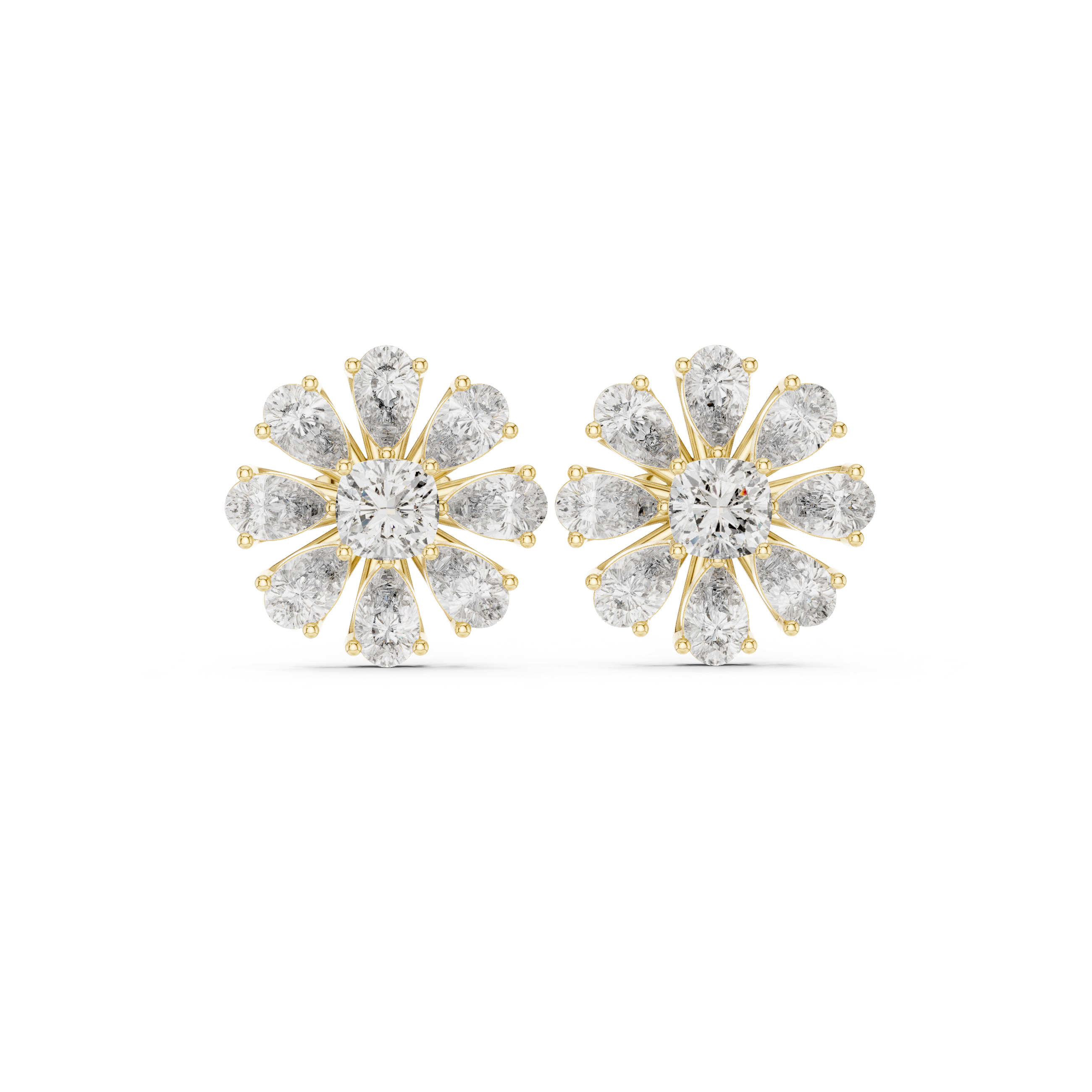 Floral Cushion & Pear Diamond Stud Earrings