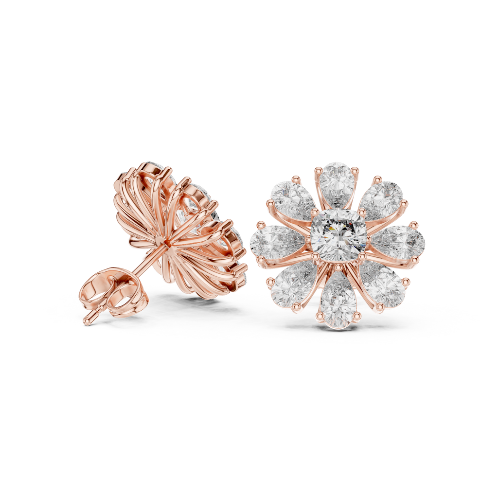 Floral Cushion & Pear Diamond Stud Earrings