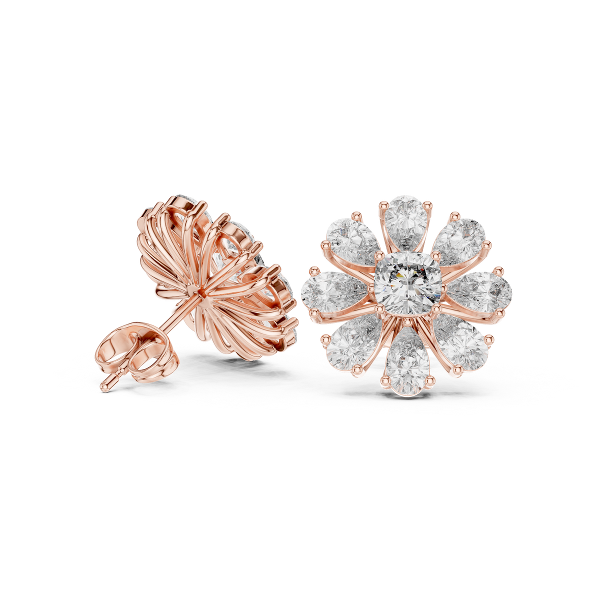 Floral Cushion & Pear Diamond Stud Earrings, side angle — Jewelix Atelier