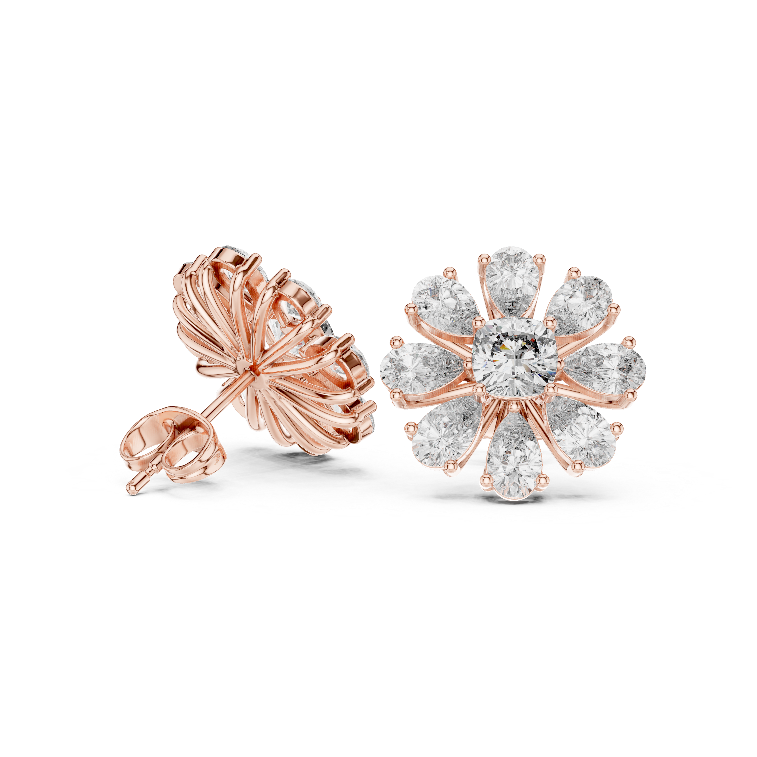 Floral Cushion & Pear Diamond Stud Earrings