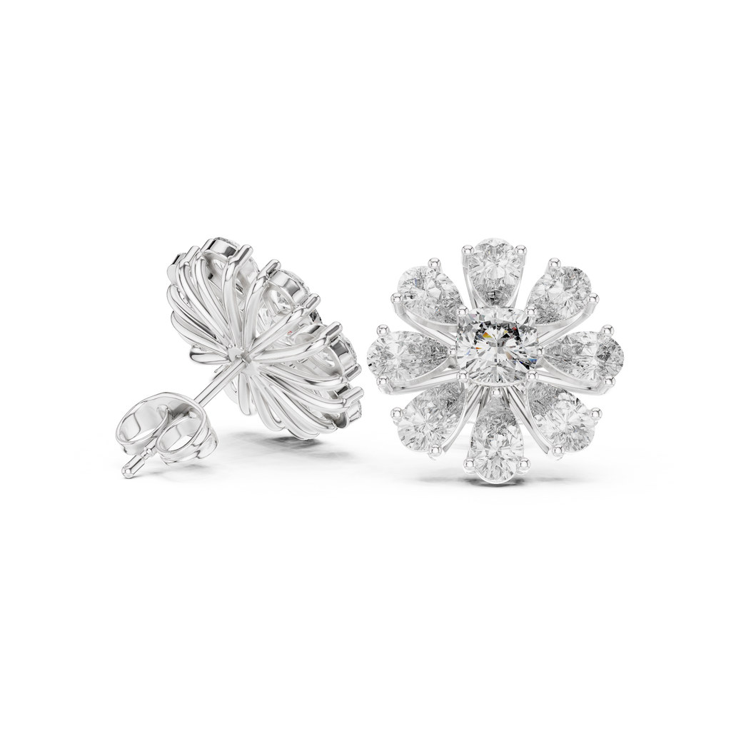 Floral Cushion & Pear Diamond Stud Earrings