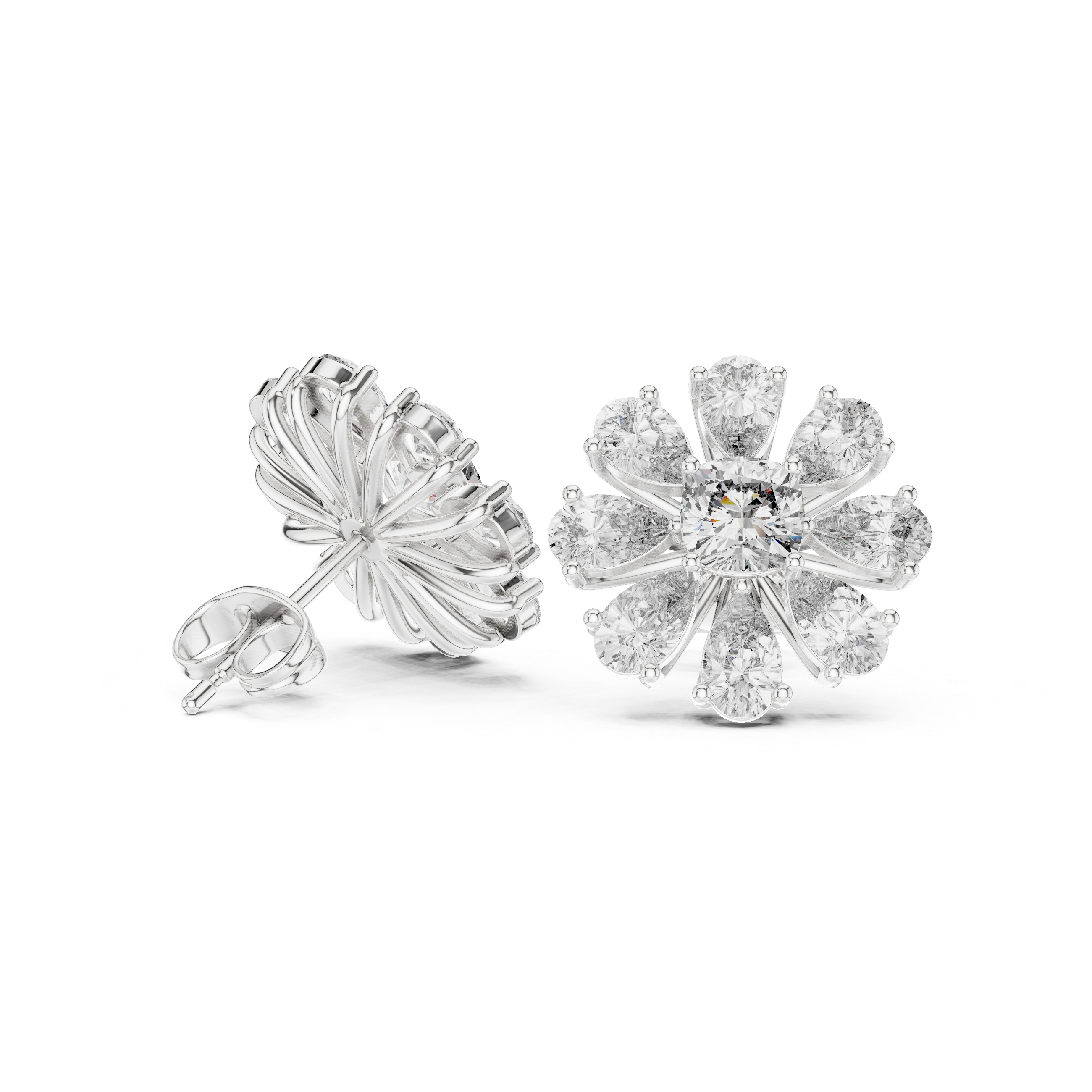 Floral Cushion & Pear Diamond Stud Earrings