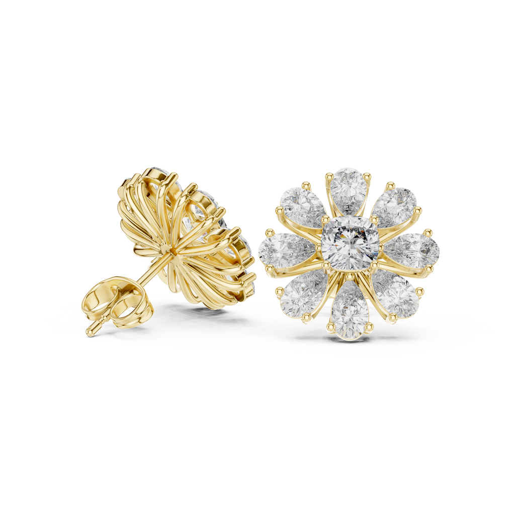 Floral Cushion & Pear Diamond Stud Earrings