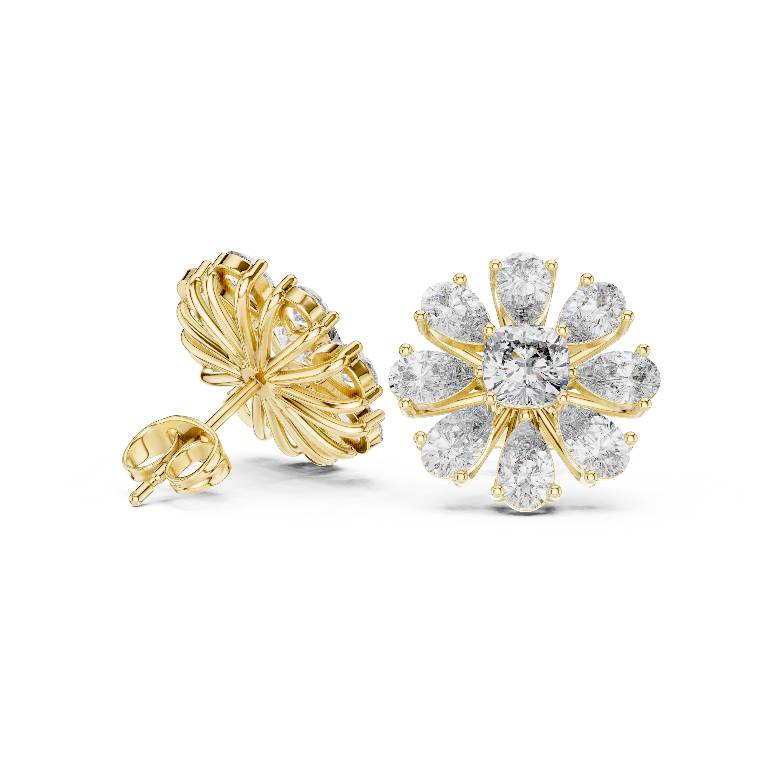 Floral Cushion & Pear Diamond Stud Earrings