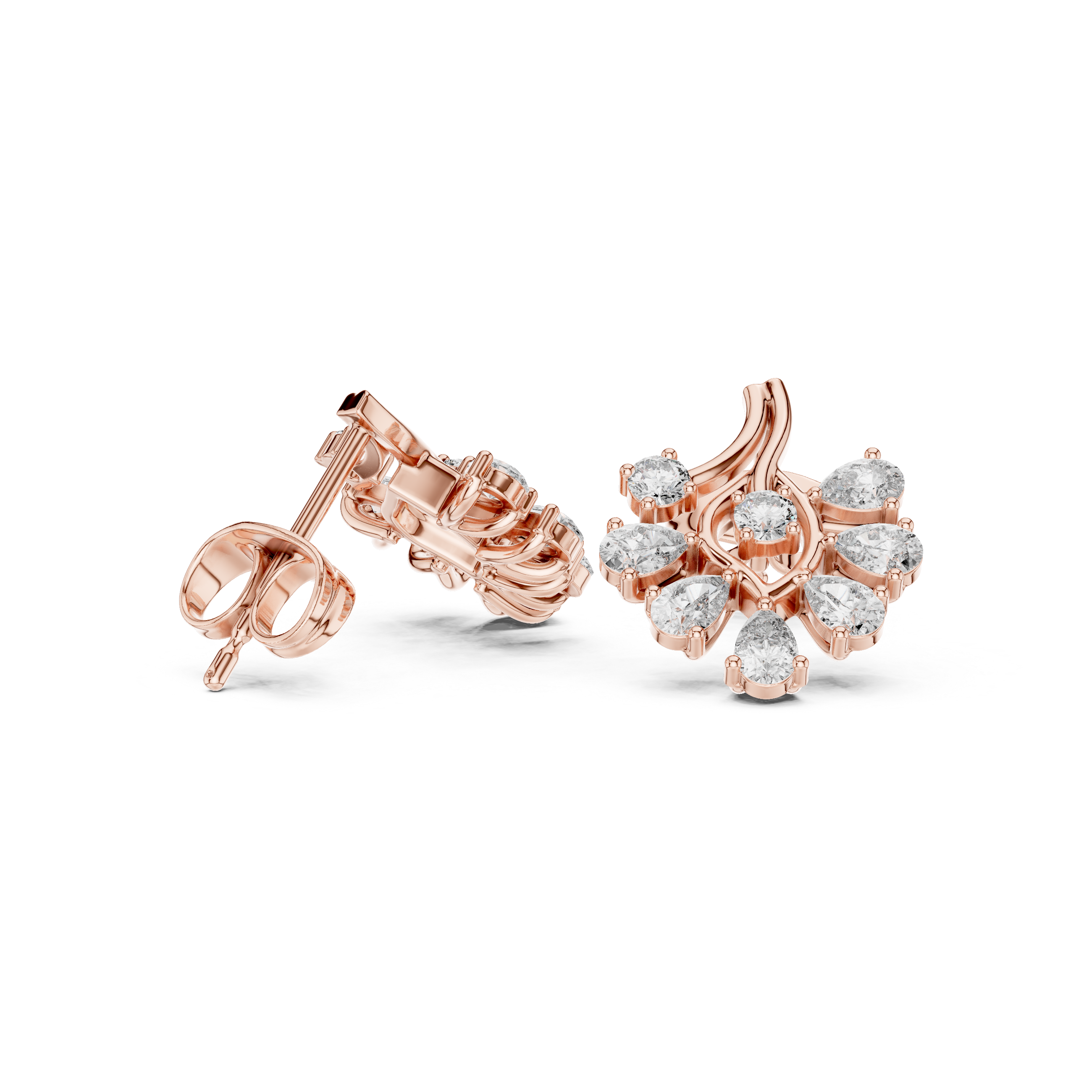 Pear Diamond Floral Stud Earrings