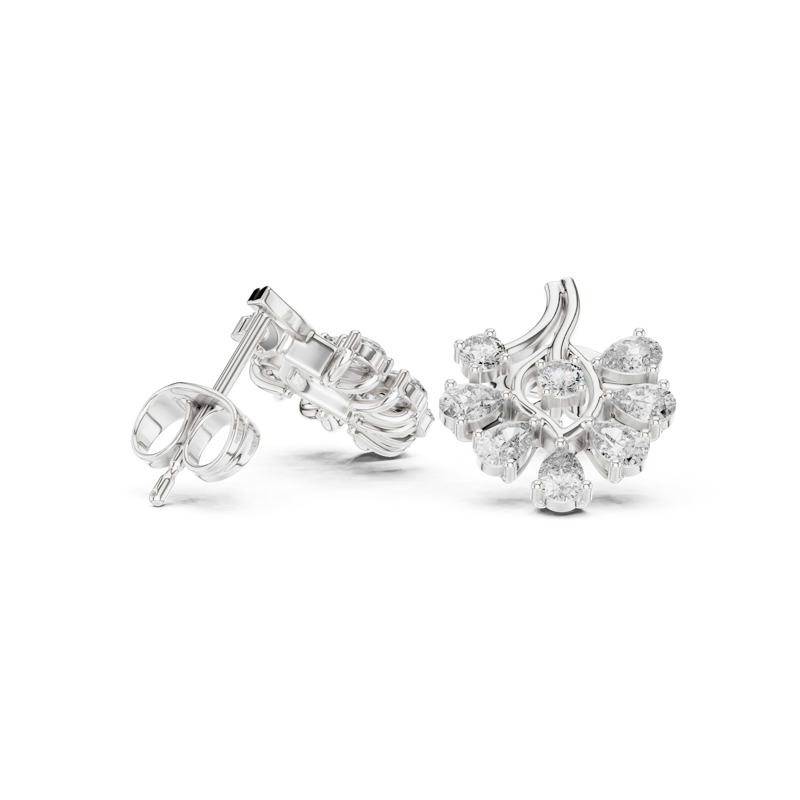 Pear Diamond Floral Stud Earrings