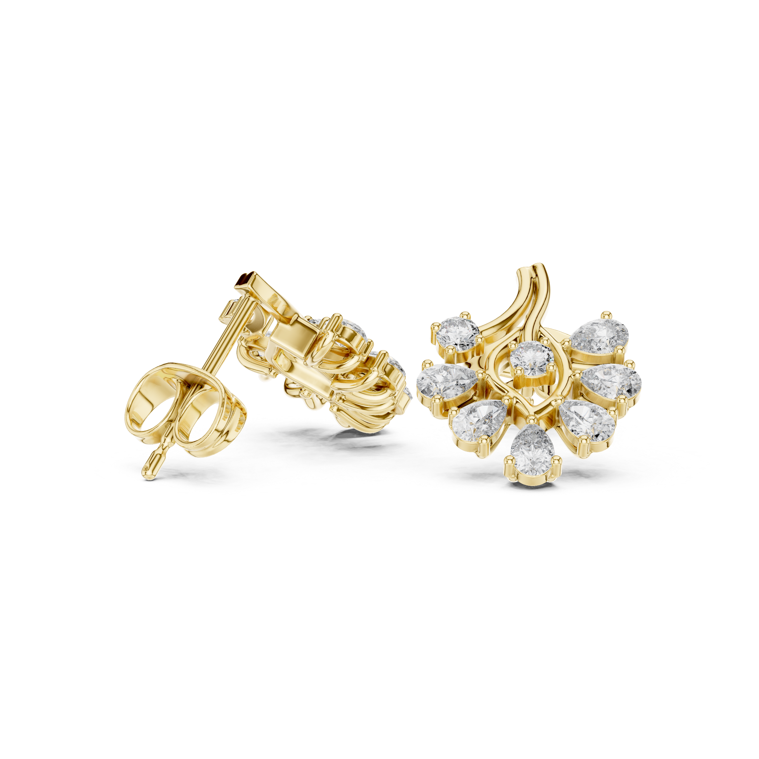 Pear Diamond Floral Stud Earrings