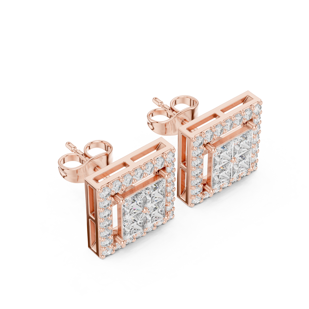 Princess Cut Halo Diamond Stud Earrings