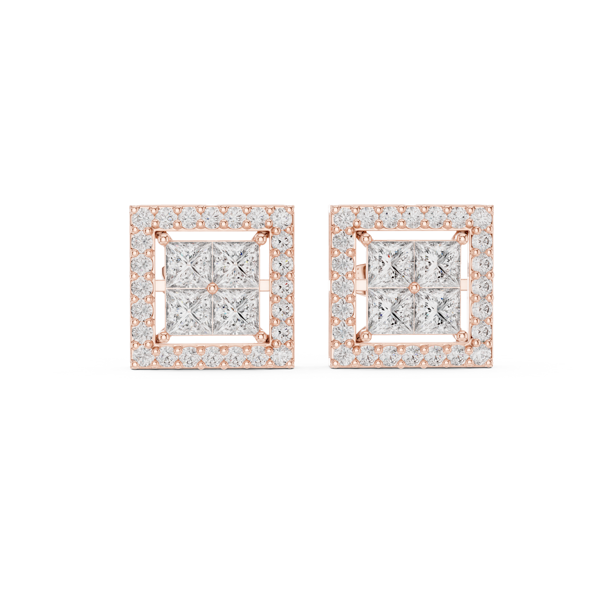 Princess Cut Halo Diamond Stud Earrings, gallery image — Jewelix Atelier