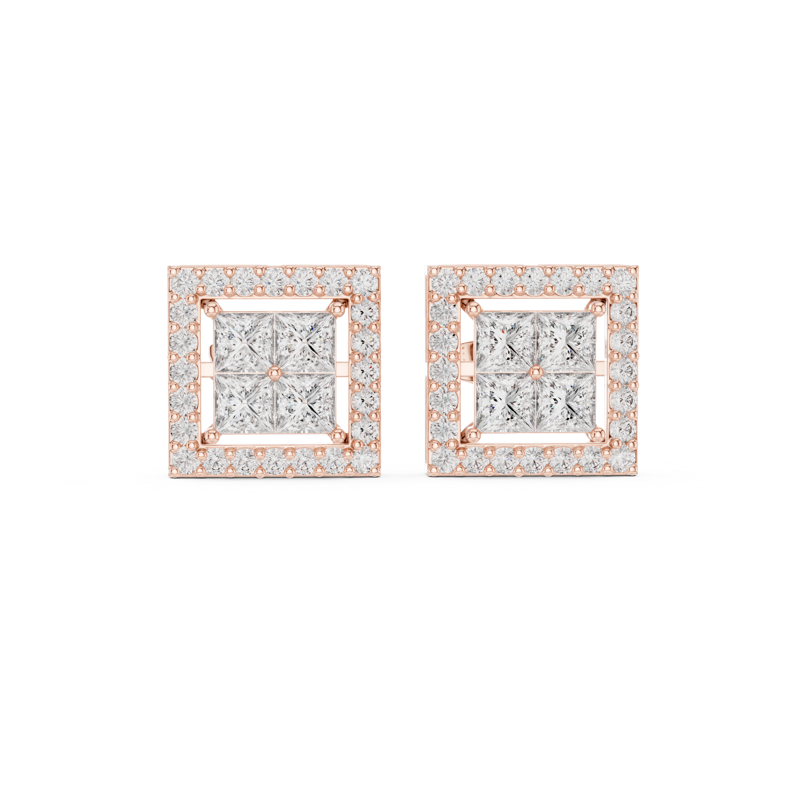 Princess Cut Halo Diamond Stud Earrings