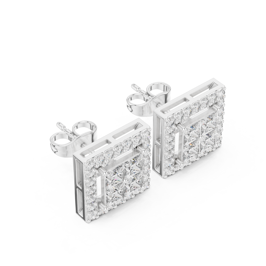 Princess Cut Halo Diamond Stud Earrings