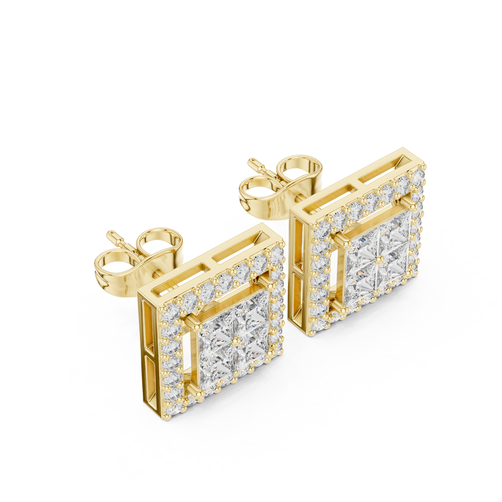 Princess Cut Halo Diamond Stud Earrings