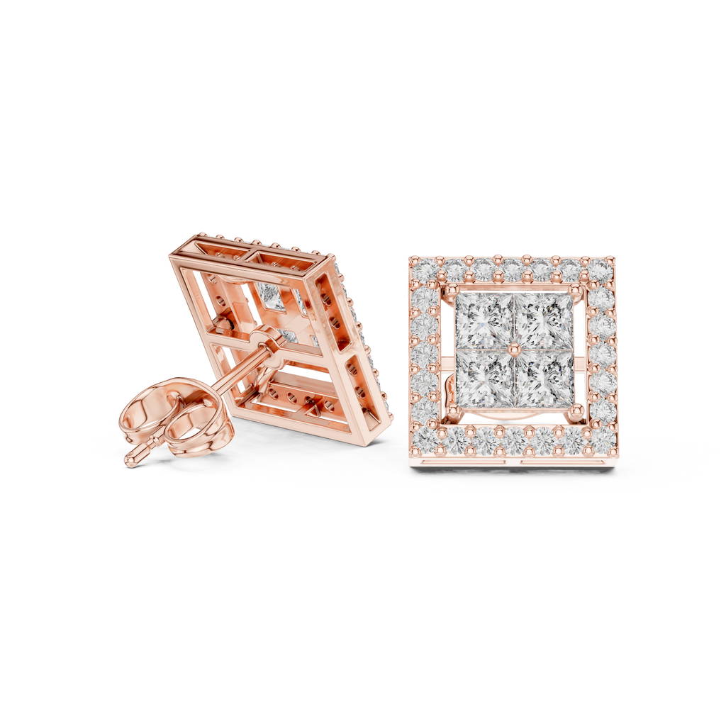 Princess Cut Halo Diamond Stud Earrings