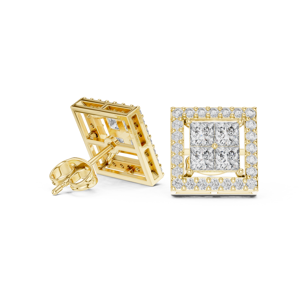Princess Cut Halo Diamond Stud Earrings