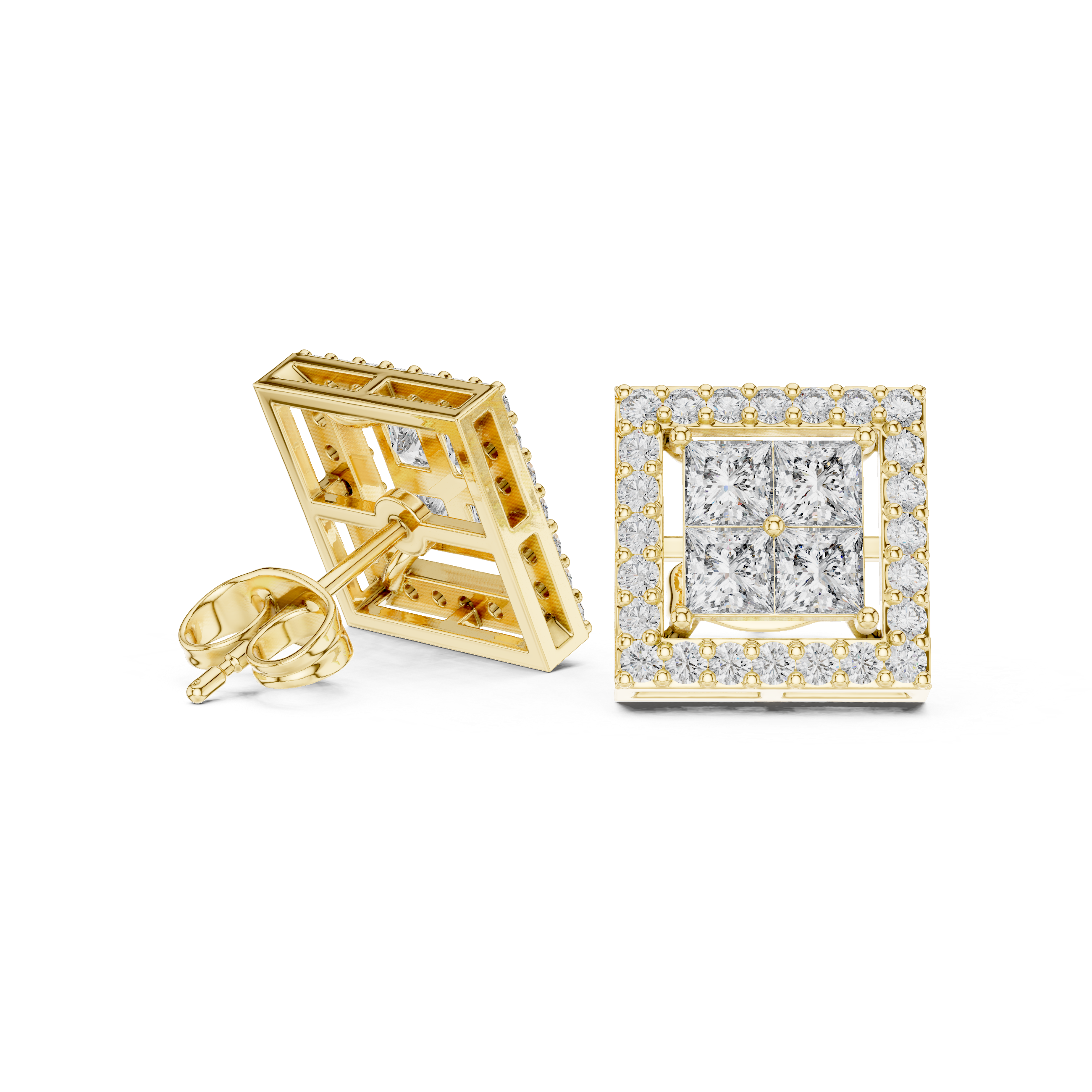 Princess Cut Halo Diamond Stud Earrings