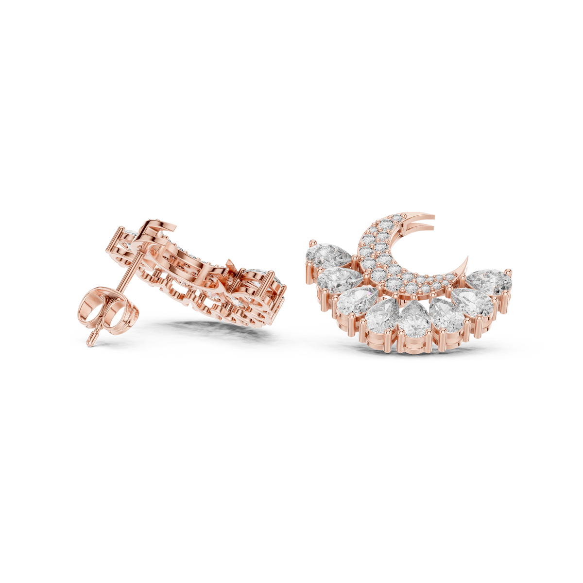 Pear Diamond Crescent Moon Stud Earrings, side angle — Jewelix Atelier