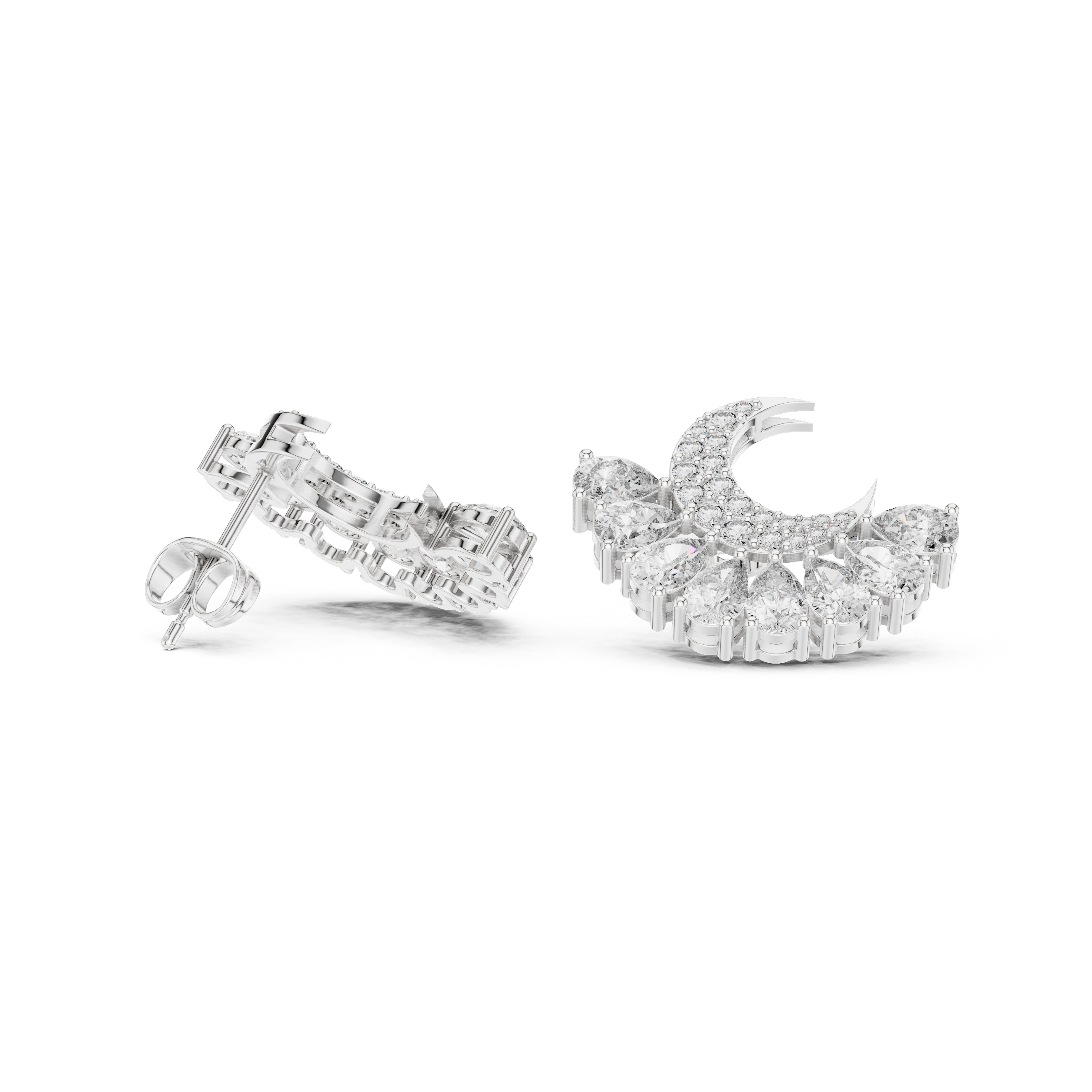 2.64 CT Pear Diamond Crescent Moon Stud Earrings