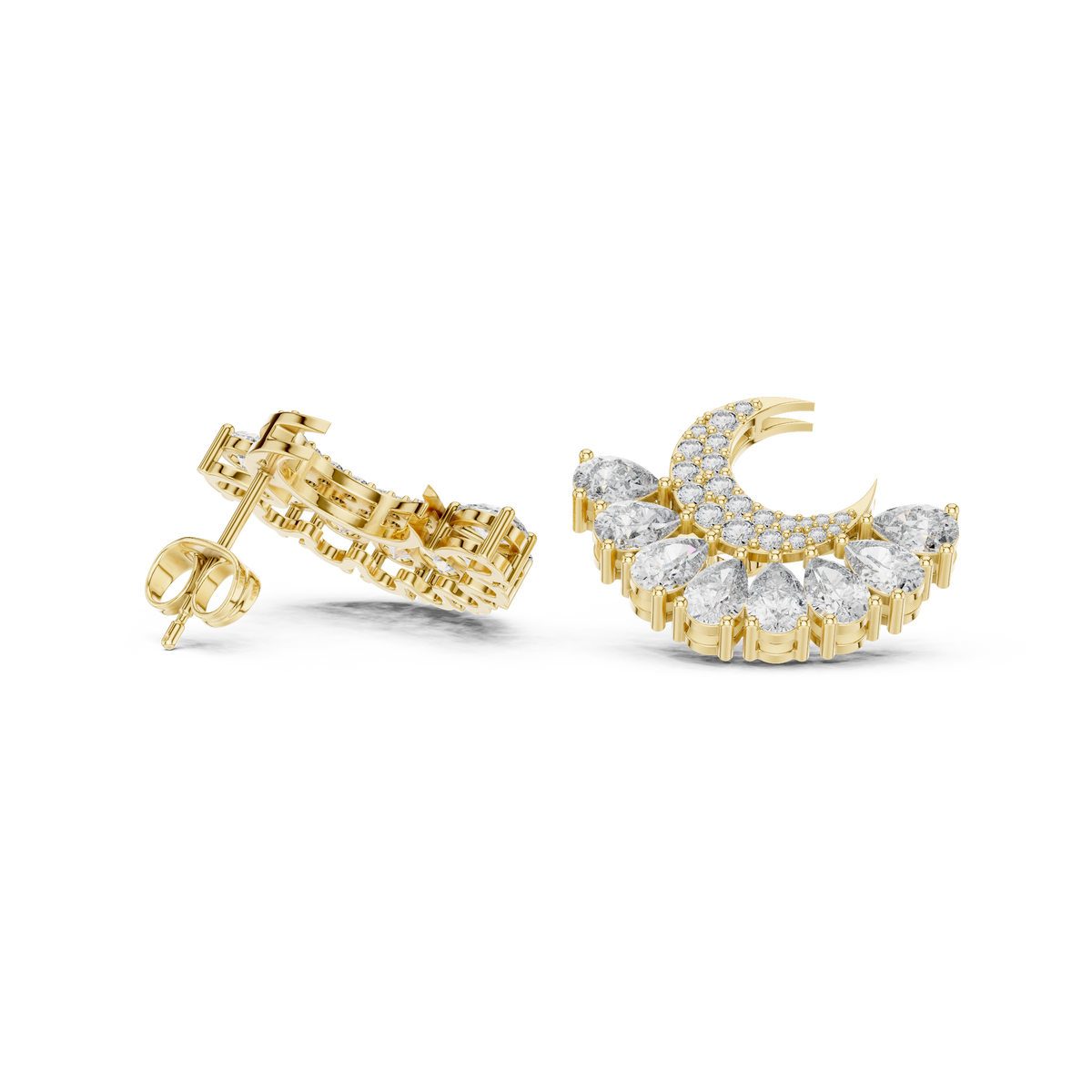 Pear Diamond Crescent Moon Stud Earrings, product image — Jewelix Atelier