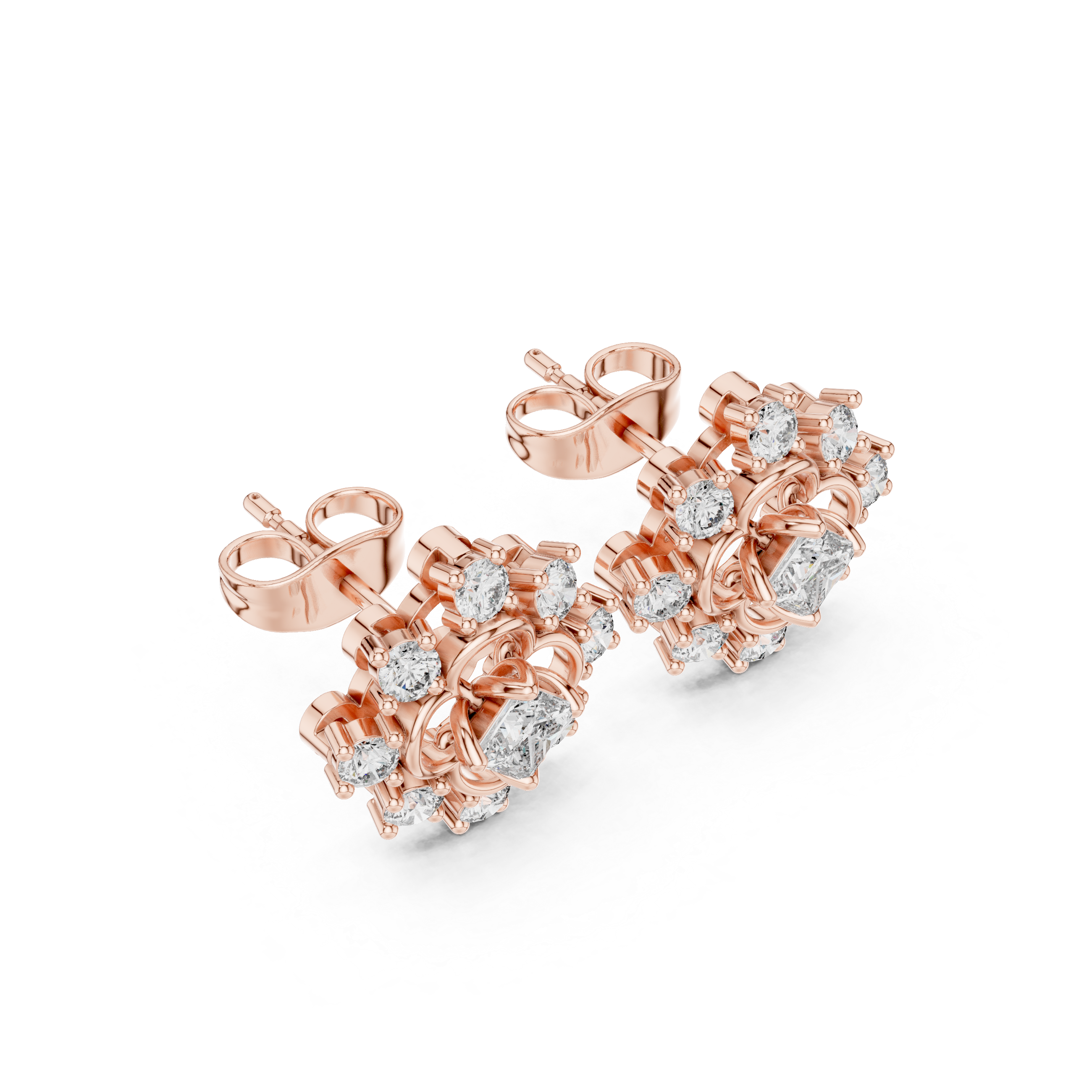 0.83 CT Princess Cut Halo Floral Diamond Stud Earrings