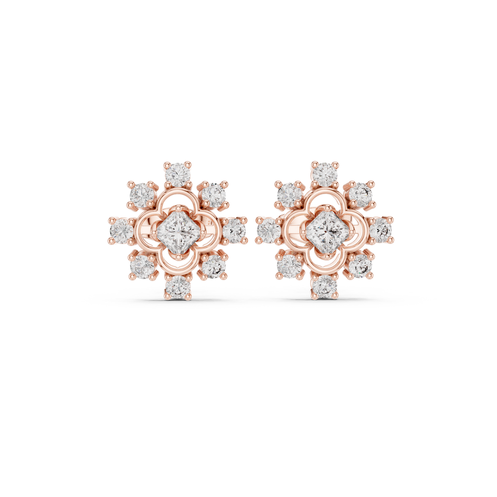 0.83 CT Princess Cut Halo Floral Diamond Stud Earrings