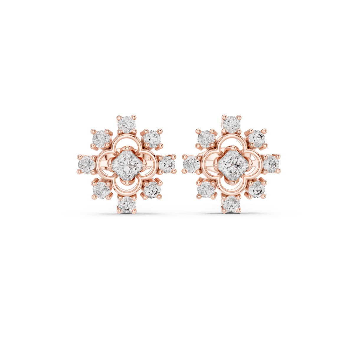 Princess Cut Halo Floral Diamond Stud Earrings, gallery image — Jewelix Atelier
