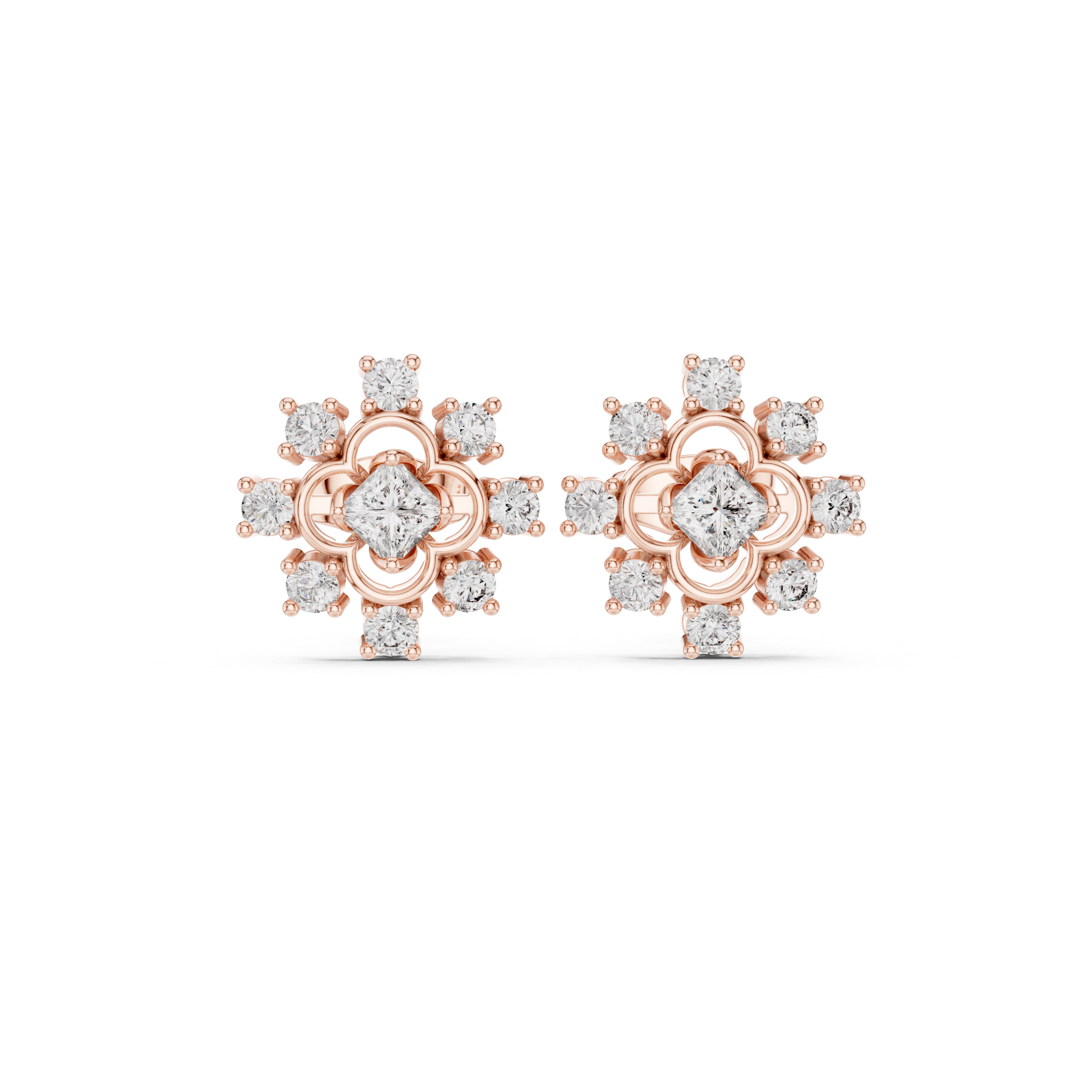 0.83 CT Princess Cut Halo Floral Diamond Stud Earrings