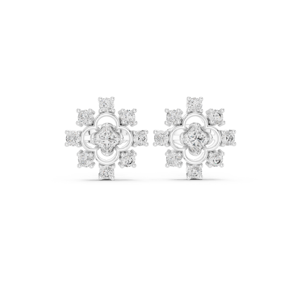 0.83 CT Princess Cut Halo Floral Diamond Stud Earrings