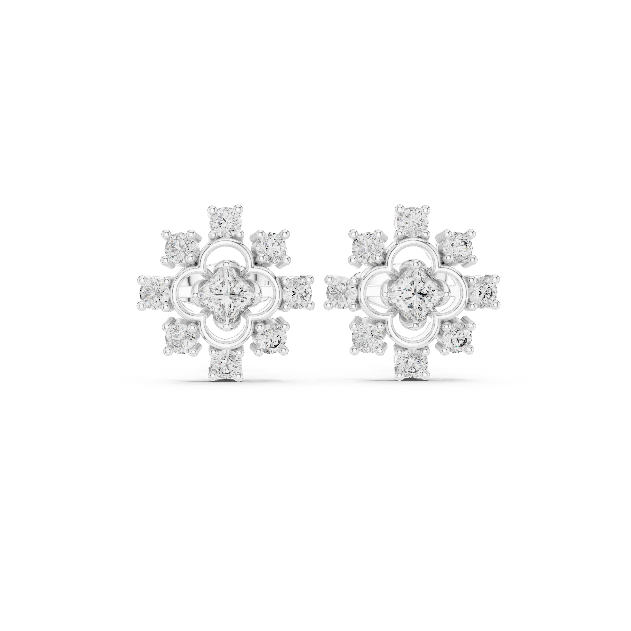 0.83 CT Princess Cut Halo Floral Diamond Stud Earrings