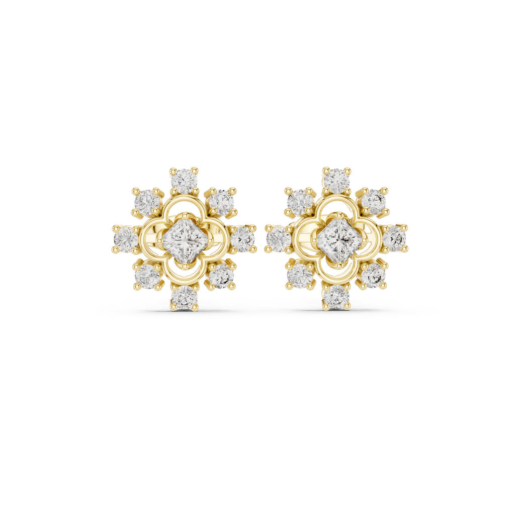 0.83 CT Princess Cut Halo Floral Diamond Stud Earrings