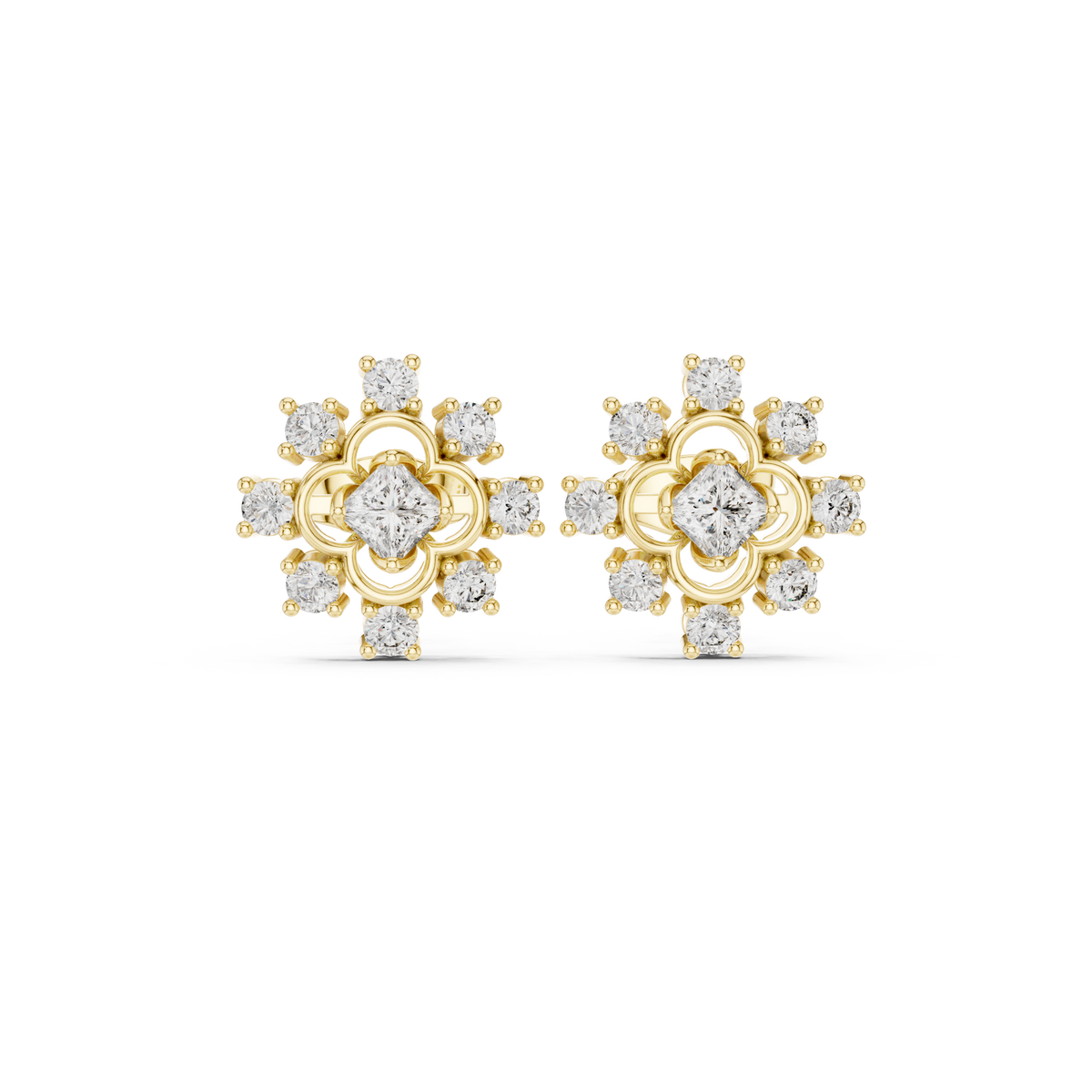Princess Cut Halo Floral Diamond Stud Earrings, additional photo — Jewelix Atelier