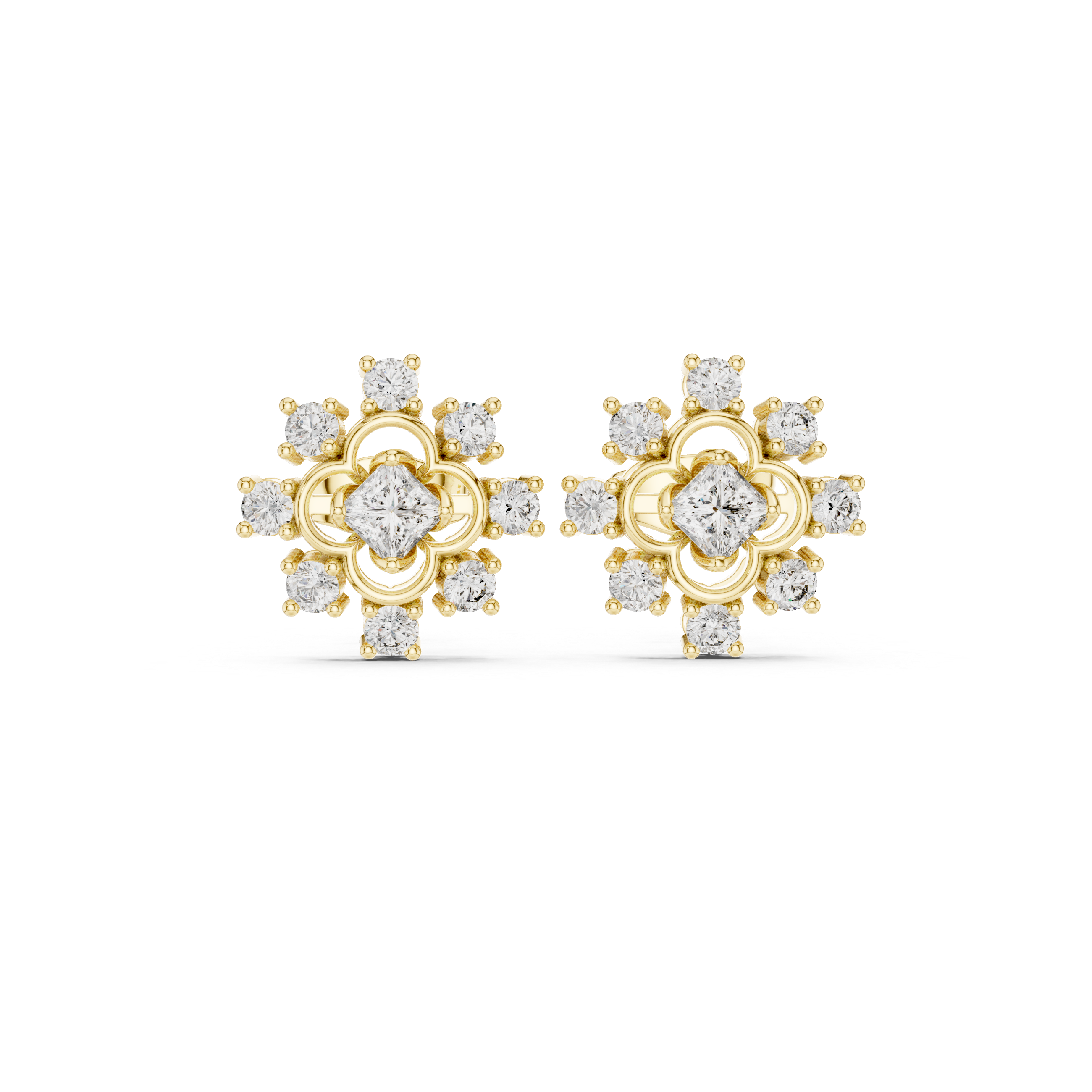 0.83 CT Princess Cut Halo Floral Diamond Stud Earrings