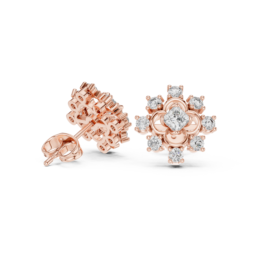 0.83 CT Princess Cut Halo Floral Diamond Stud Earrings