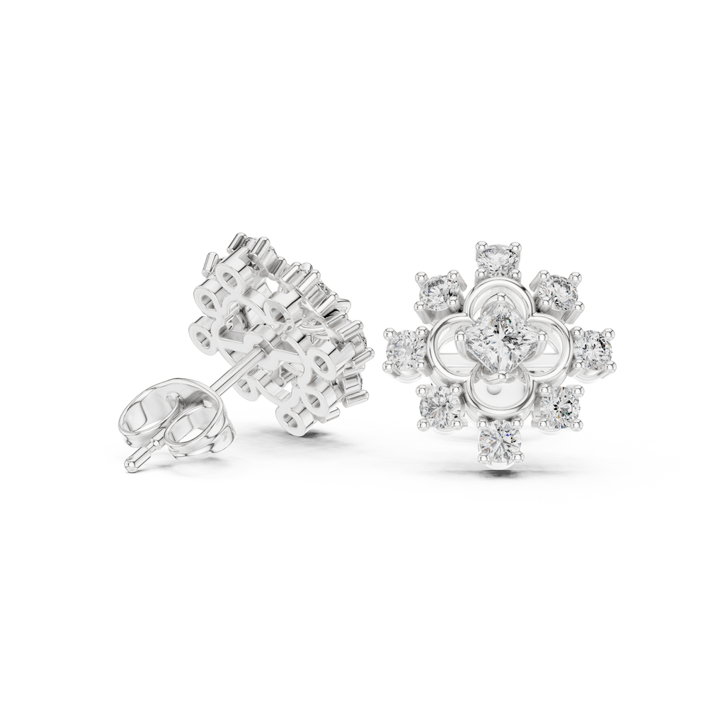0.83 CT Princess Cut Halo Floral Diamond Stud Earrings