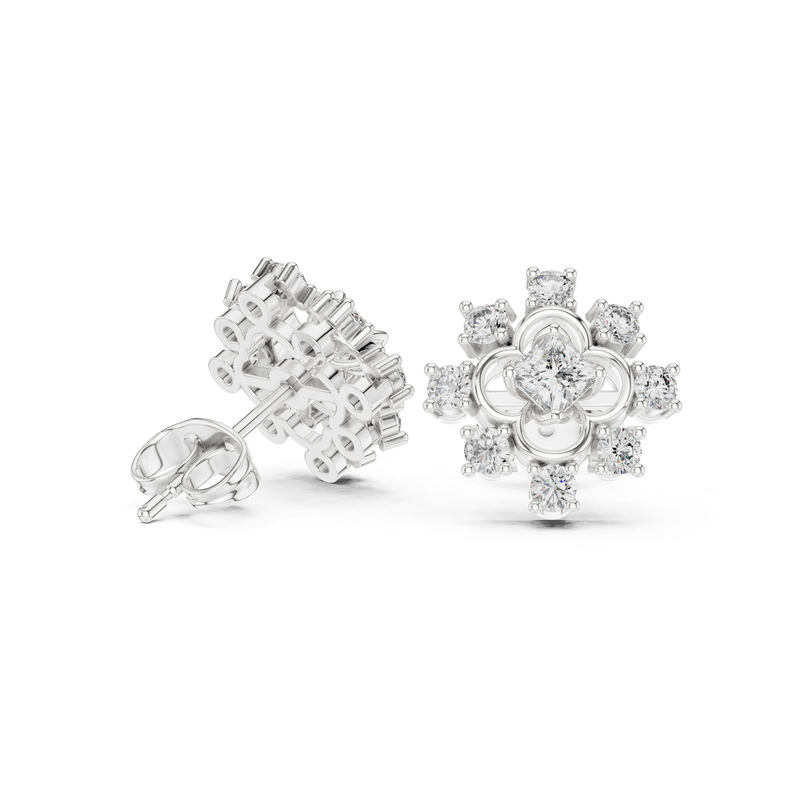 0.83 CT Princess Cut Halo Floral Diamond Stud Earrings