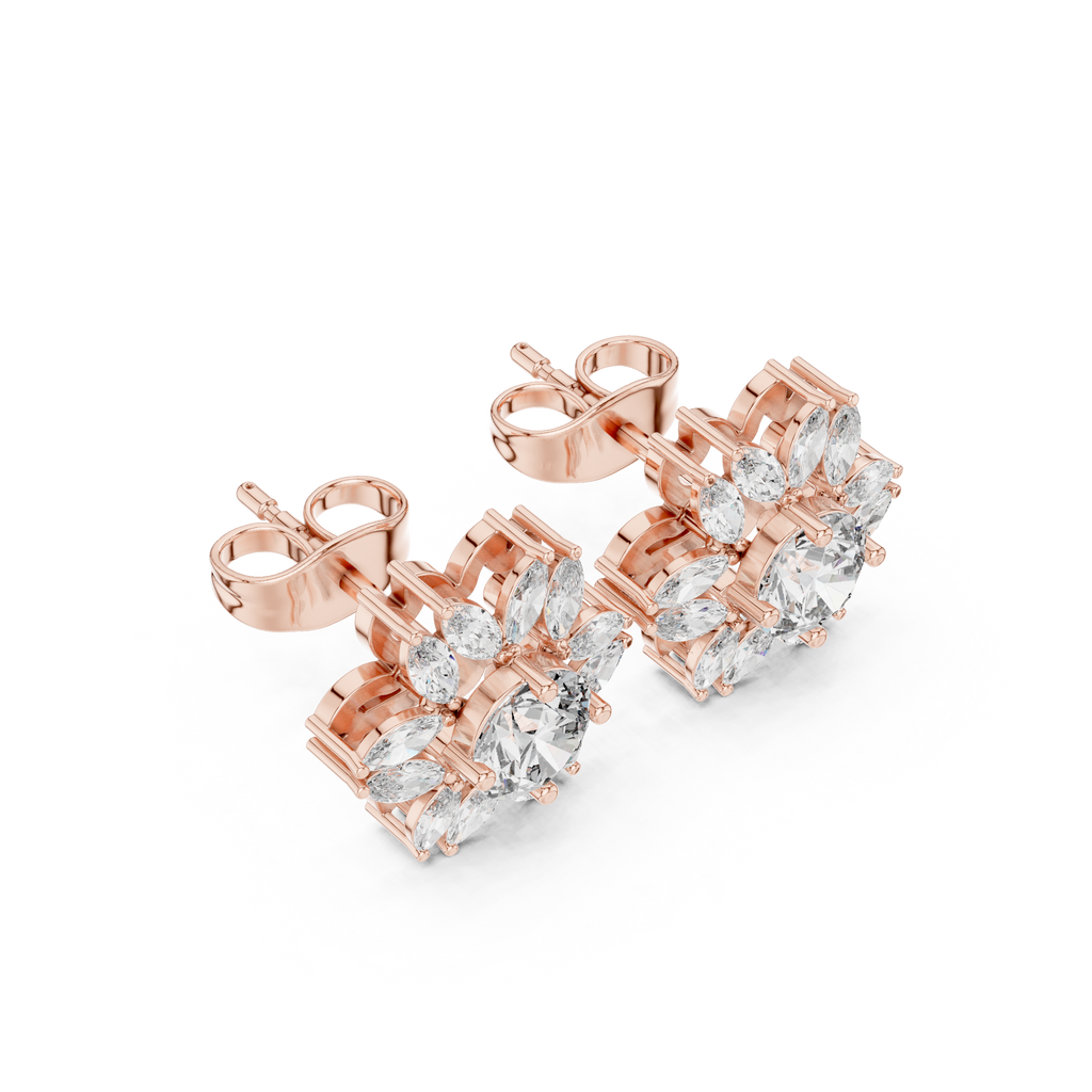 0.96 CT Round & Marquise Diamond Sunburst Floral Stud Earrings
