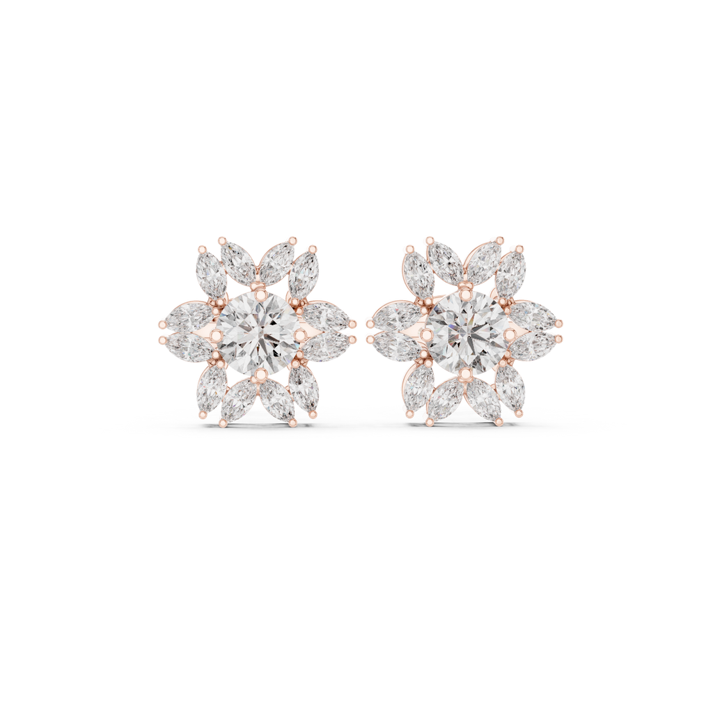 0.96 CT Round & Marquise Diamond Sunburst Floral Stud Earrings