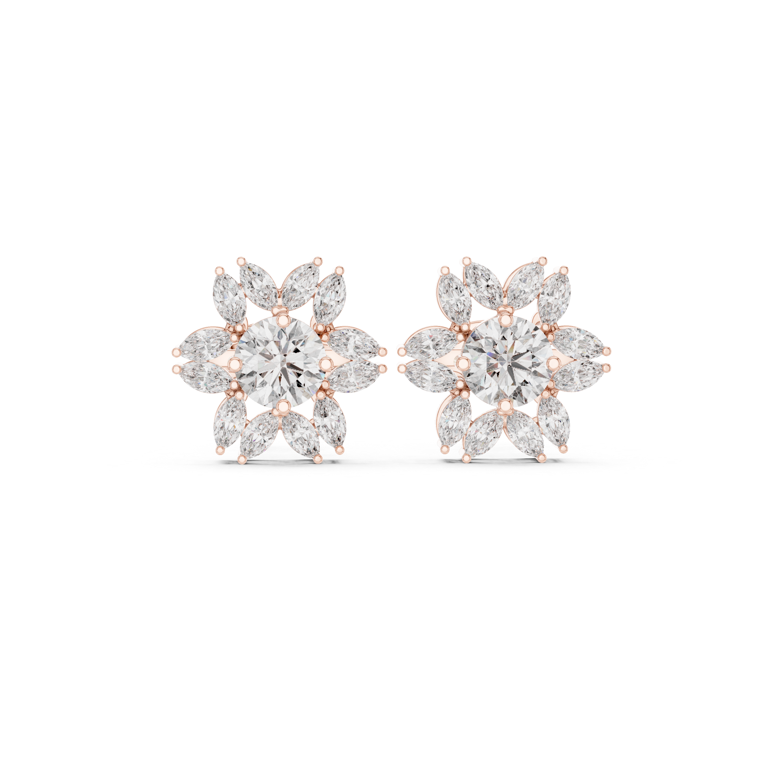 0.96 CT Round & Marquise Diamond Sunburst Floral Stud Earrings