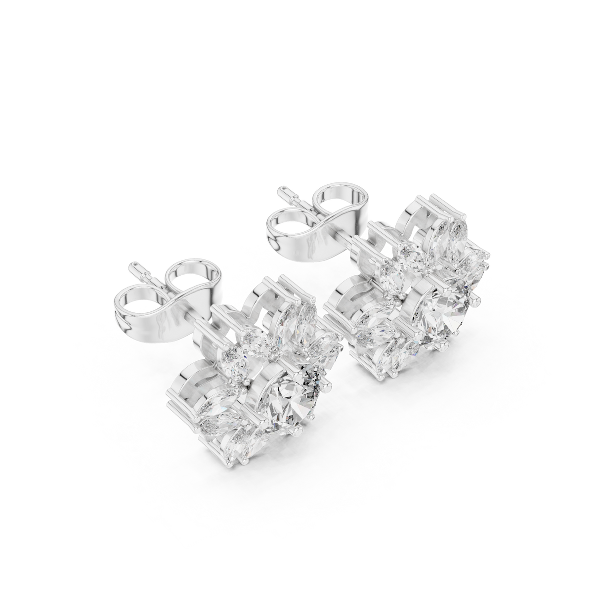 Round & Marquise Diamond Sunburst Floral Stud Earrings, alternate view — Jewelix Atelier