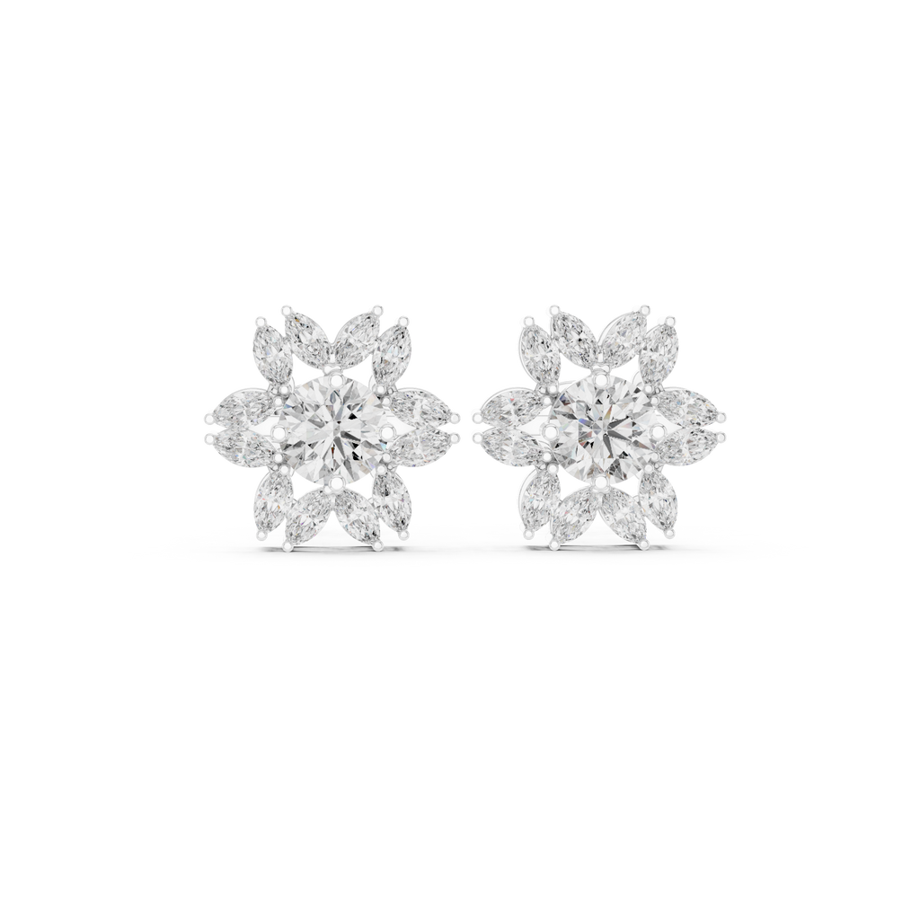 0.96 CT Round & Marquise Diamond Sunburst Floral Stud Earrings