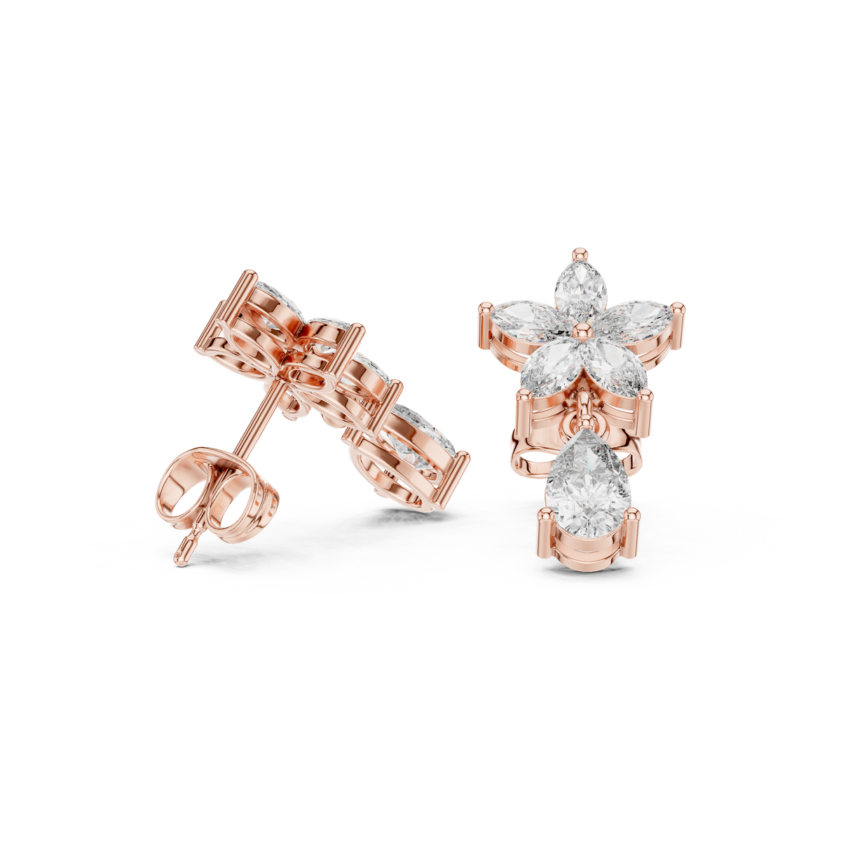 Pear & Marquise Diamond Floral Drop Earrings, side angle — Jewelix Atelier