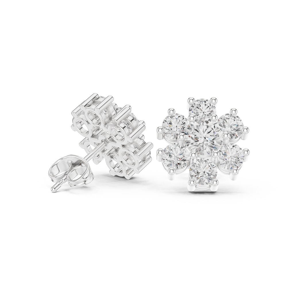 2.98 CT Round Diamond Floral Cluster Stud Earrings