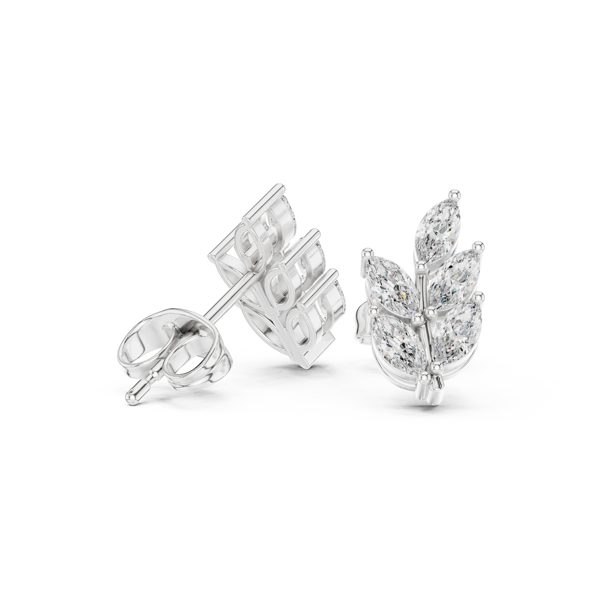Marquise Cut Diamond Leaf Stud Earrings, detail view — Jewelix Atelier