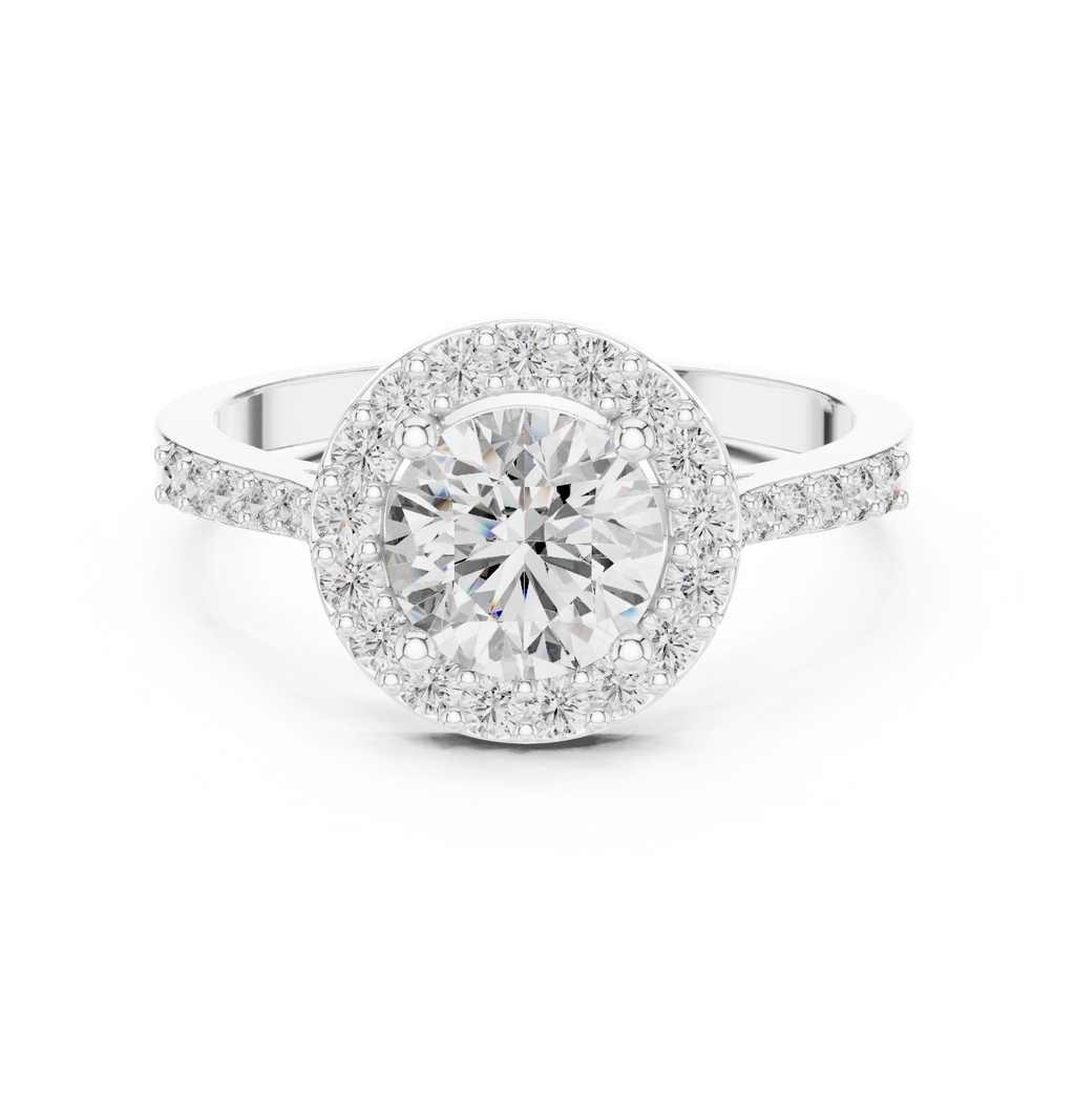 1.36 CT Round Diamond Halo Engagement Ring with Pavé Band